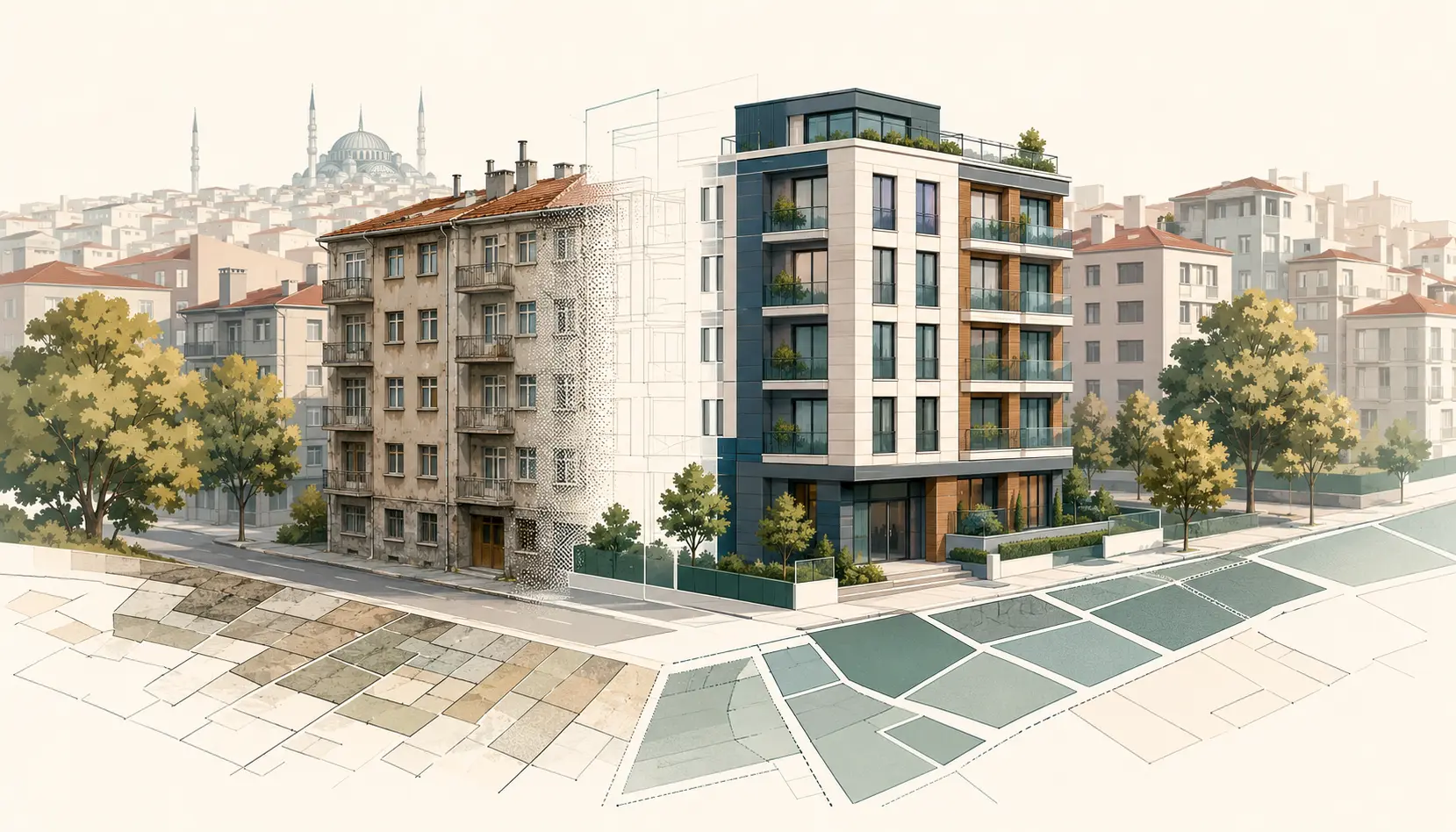 Esenler’de eski bir apartmanın güvenli ve modern bir yapıya dönüşümünü gösteren özgün mimari illüstrasyon