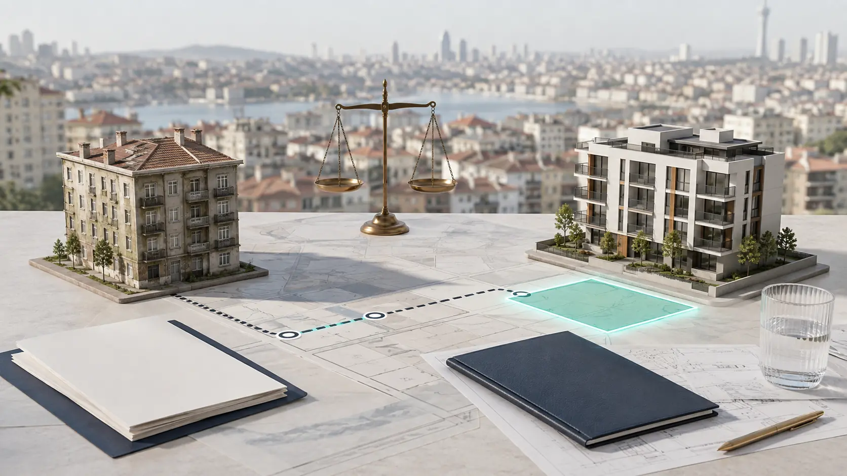 İstanbul’da eski ve yenilenen yapı modelleri arasında parsel planı, sözleşme dosyaları ve hukuk dengesini gösteren insansız kentsel dönüşüm sahnesi