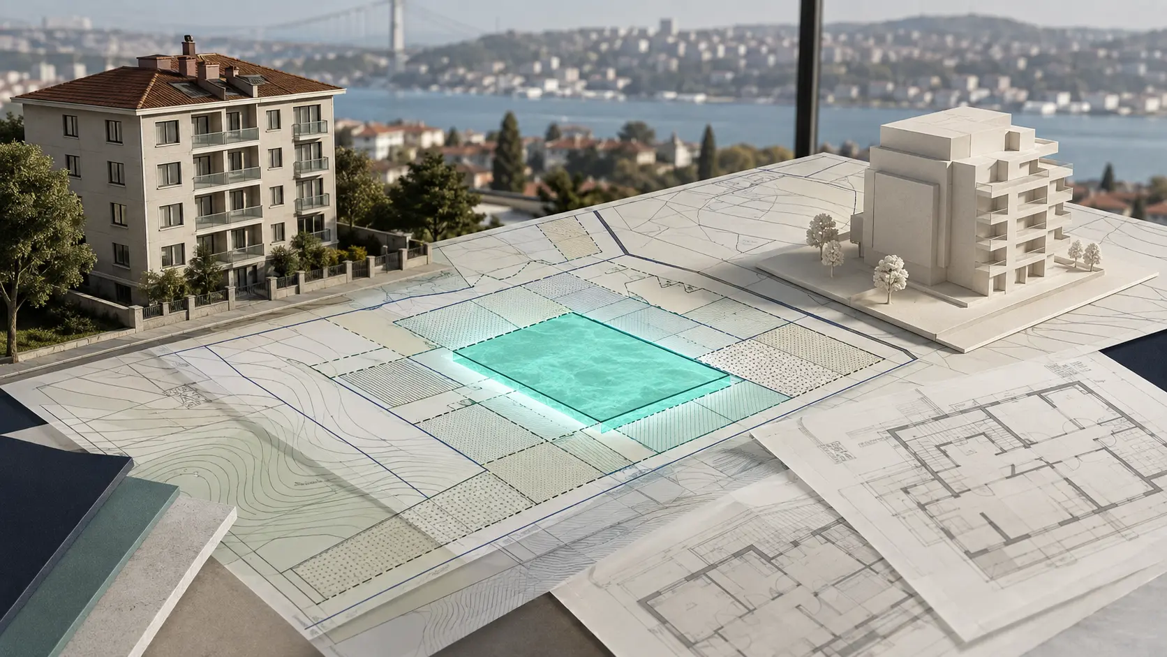İstanbul yapı dokusunda aydınlanan bir parseli, imar planı katmanlarını, çekme sınırlarını ve kavramsal yapı modelini gösteren insansız mimari sahne