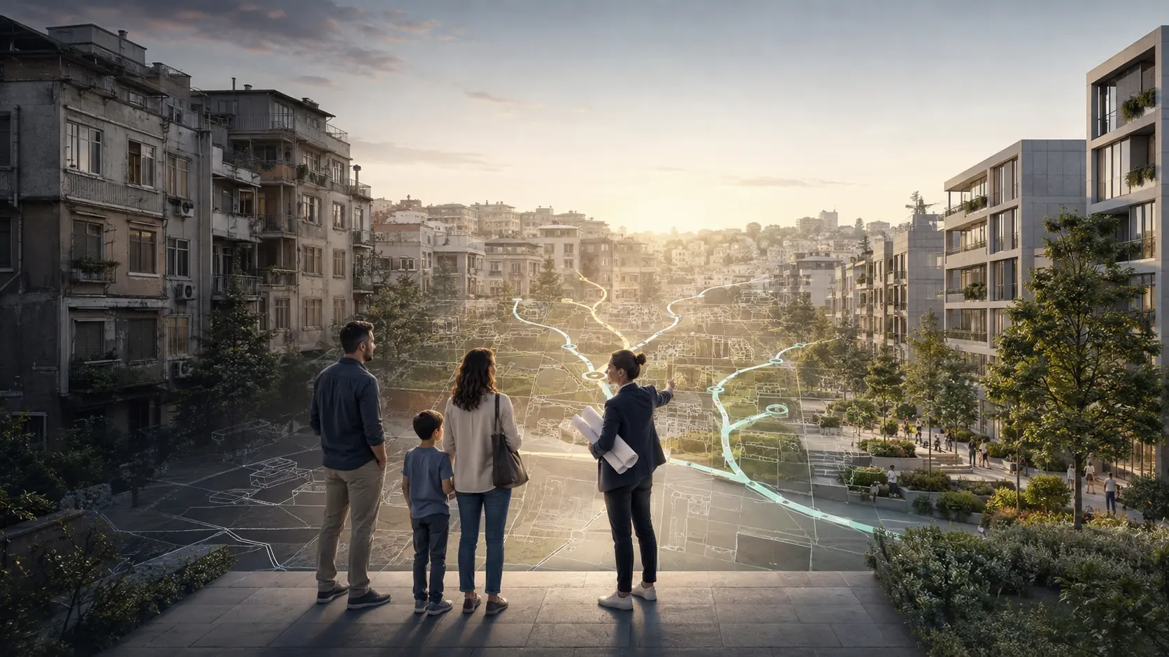 Eski yapıdan güvenli ve yeşil yeni yaşam alanına geçişi birlikte değerlendiren aile ve uzman